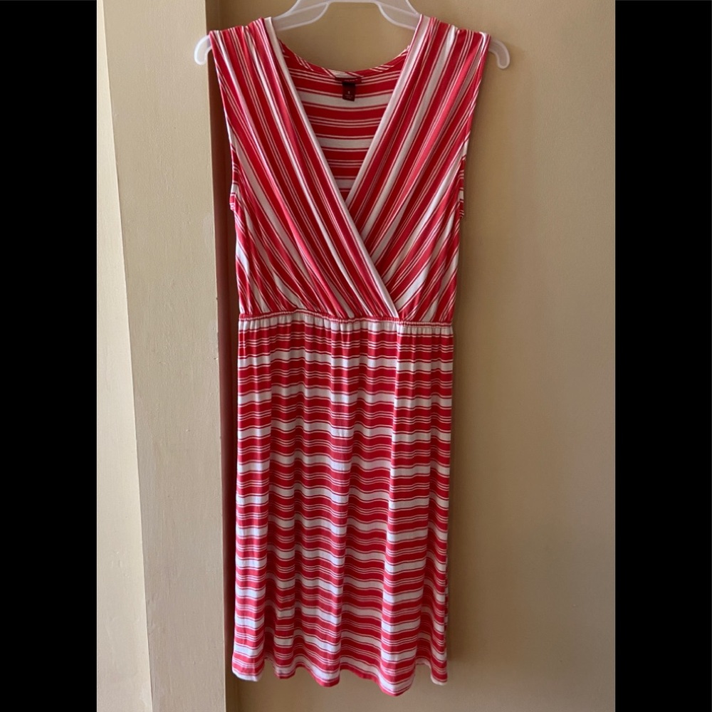 Coral striped dress - midi -with front wrap look